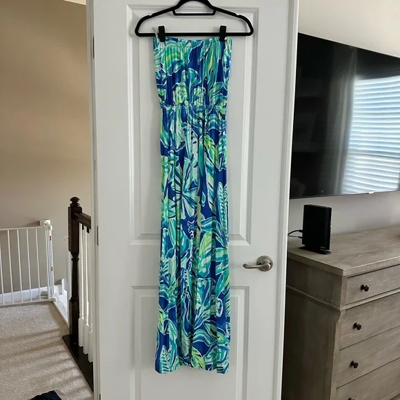 Lilly Pulitzer Blue Green Tropical Strapless Maxi Dress - Picture 2 of 5